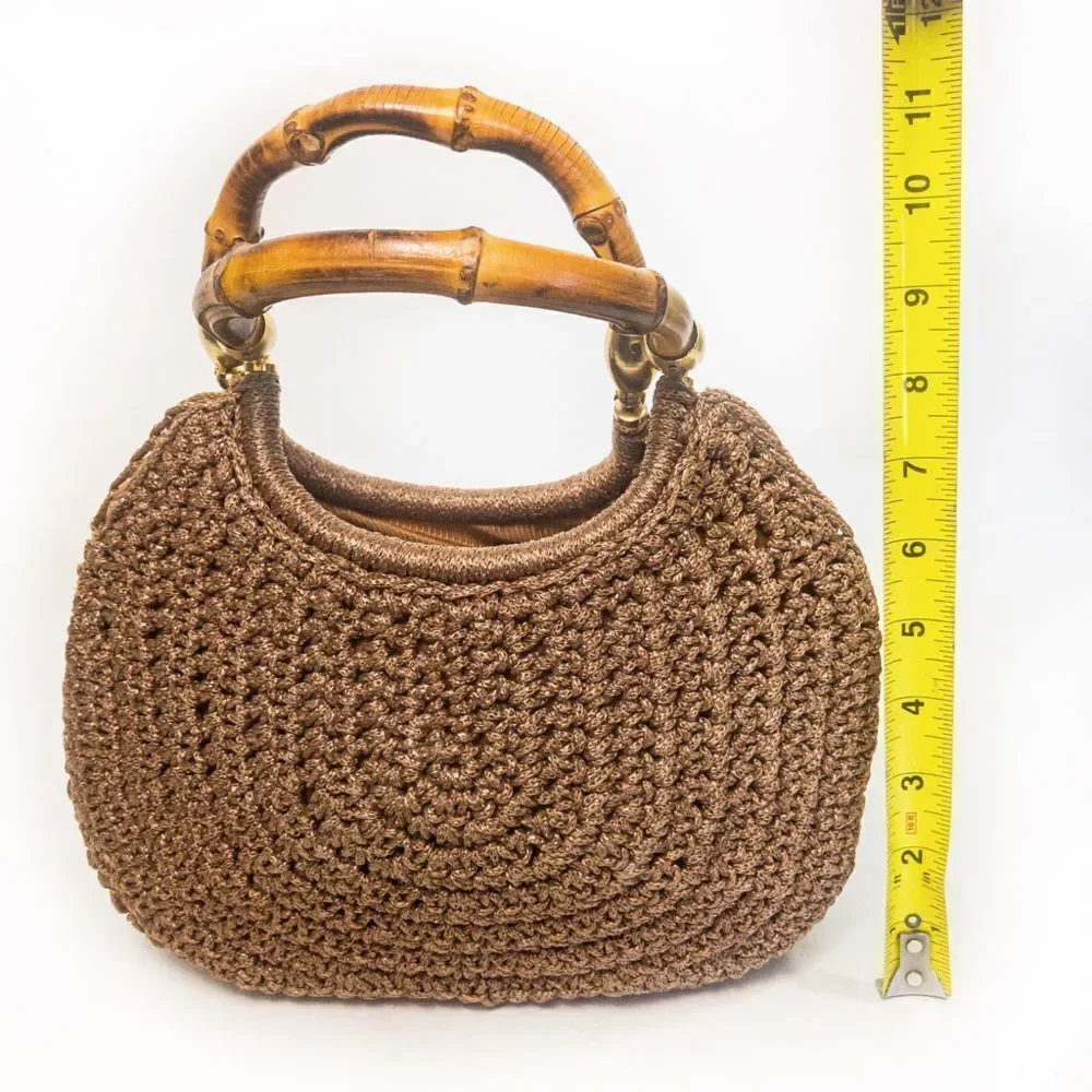 Vintage Brandeis Brown Macrame Clamshell Handbag Bamboo Handles - Picture 12 of 13